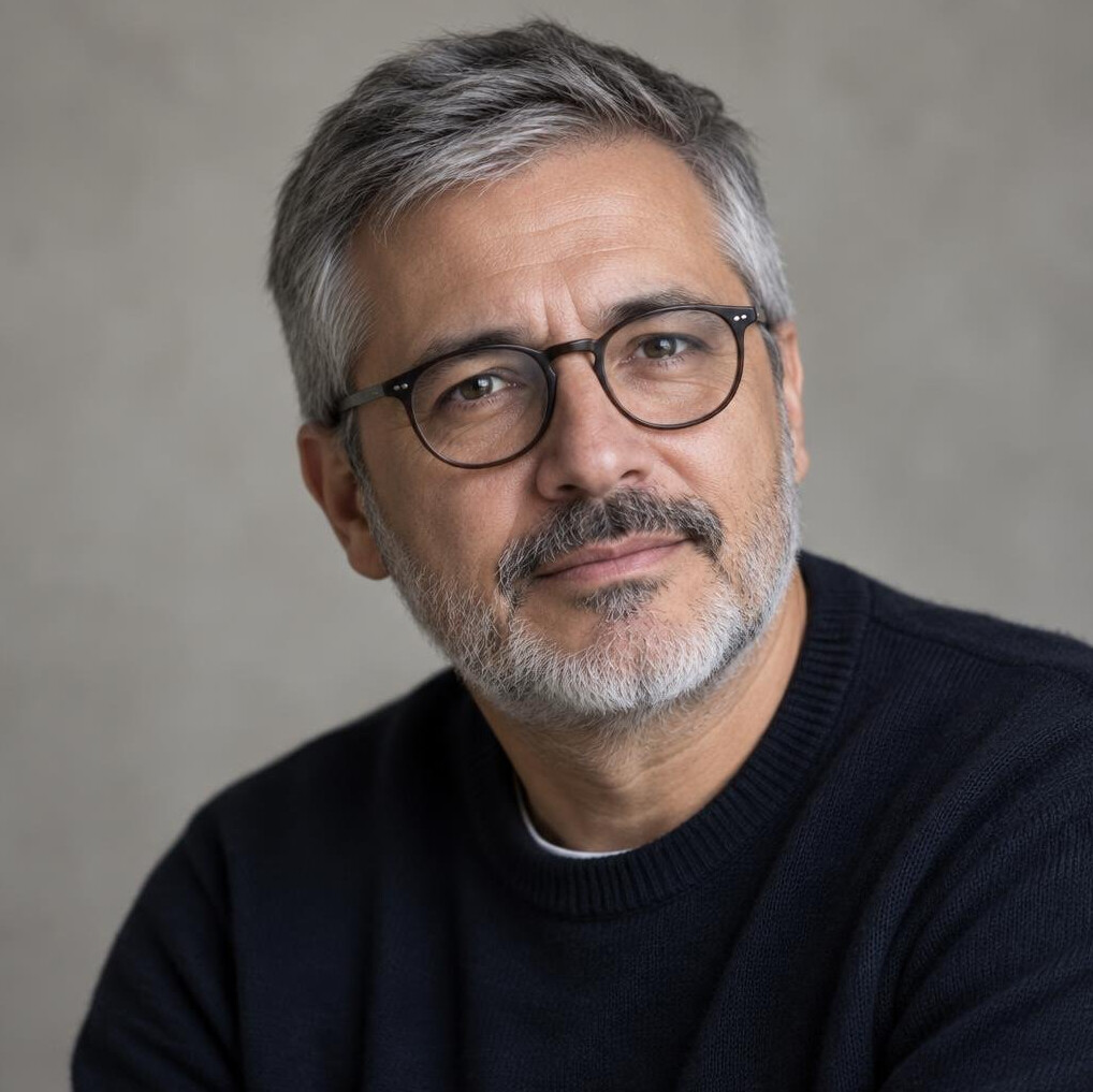 Studio portrait of a Uruguayan man in his fifties with glasses and grey beard