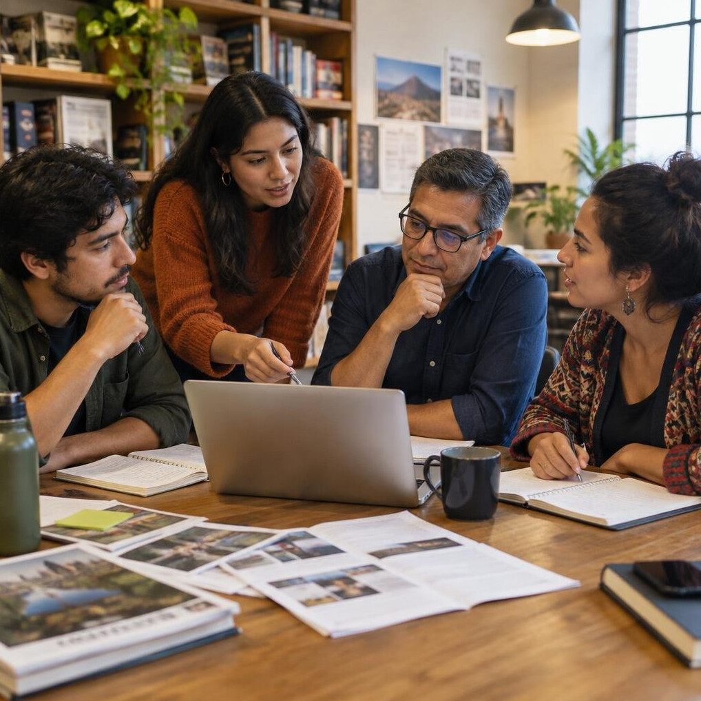 Diverse team of Latin American writers and editors gathered around a table with documents