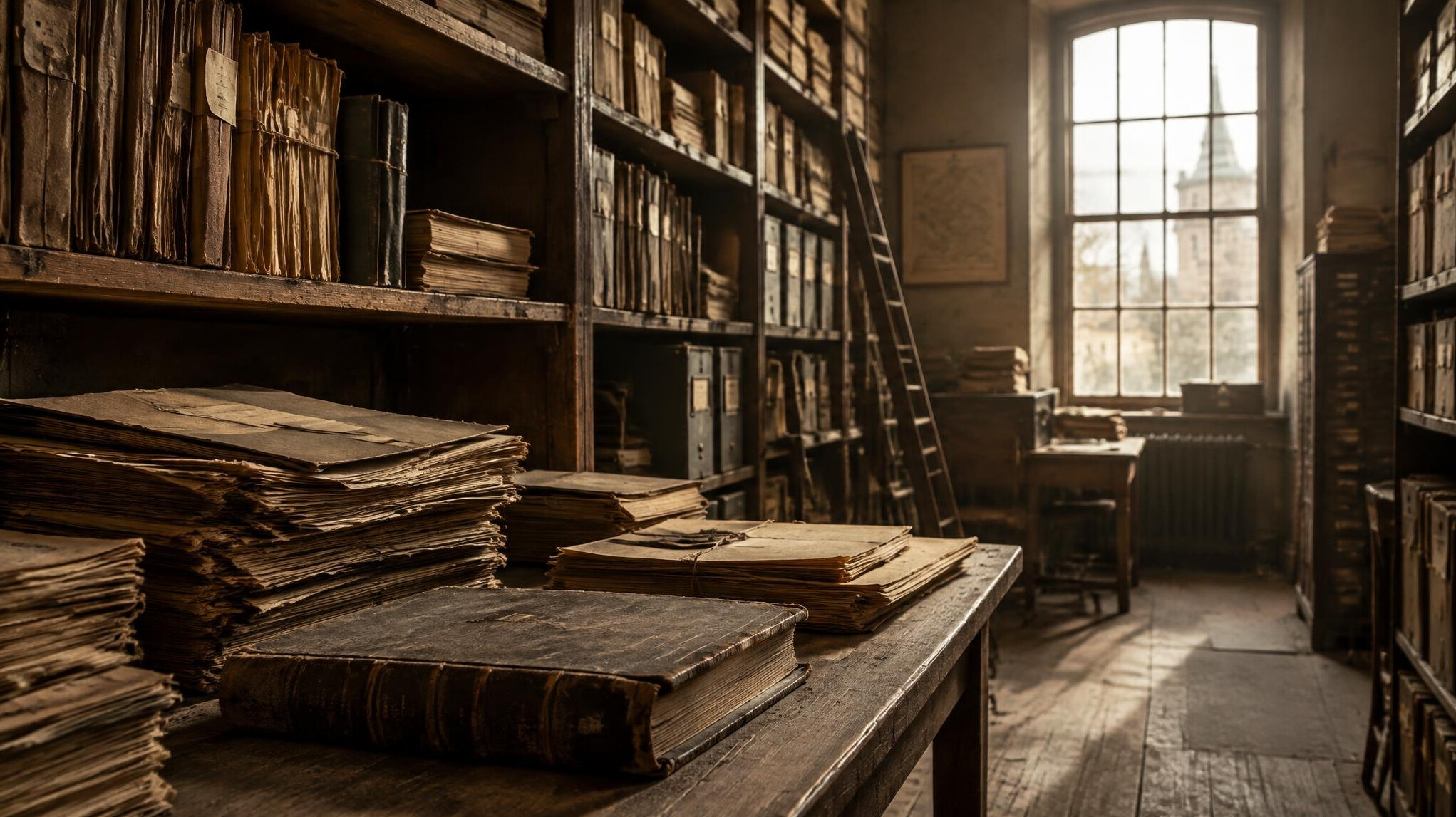 Stacks of old archive documents and folders in a historical archive room