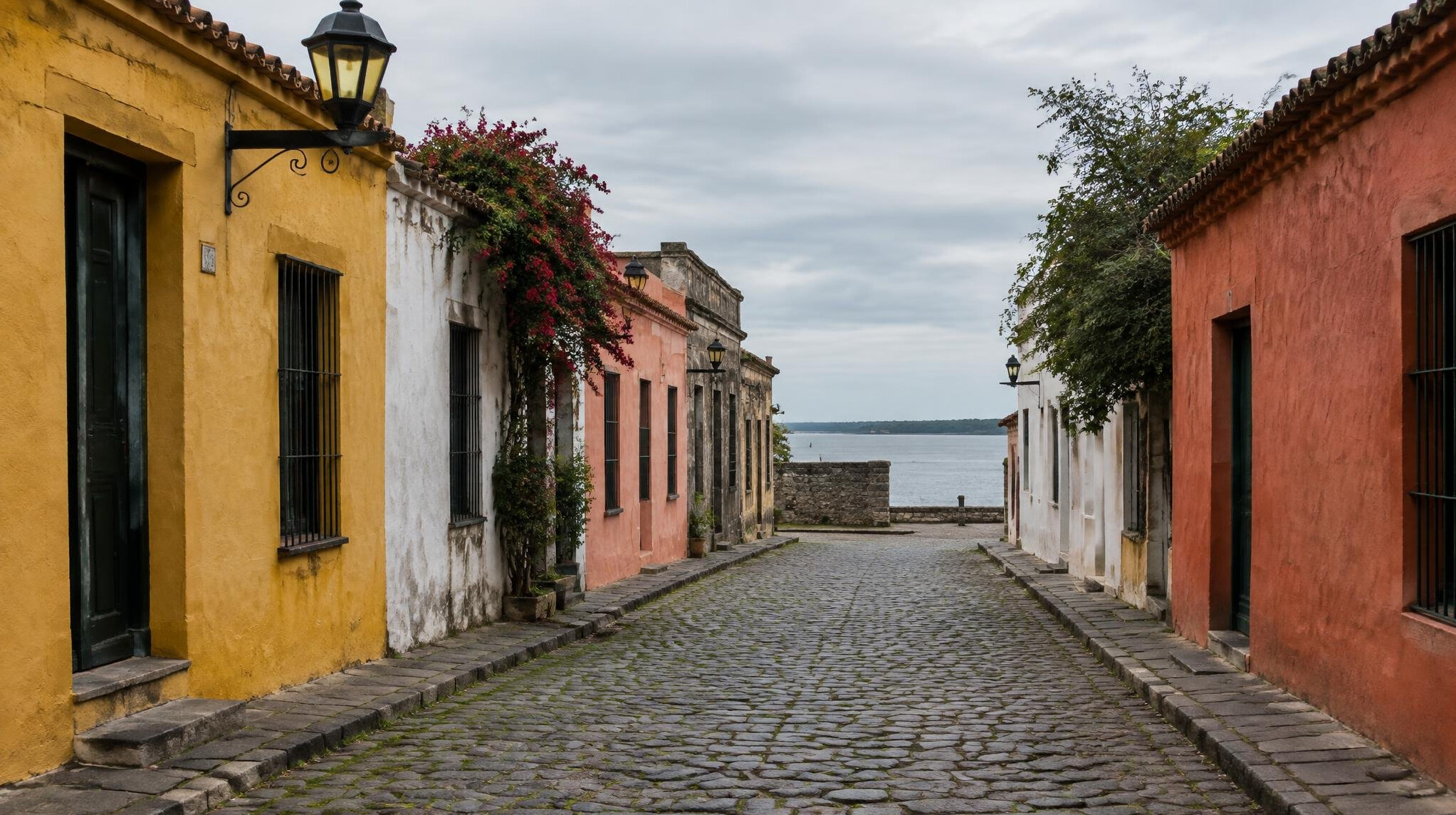 Cobblestone street in Colonia del Sacramento with colonial houses