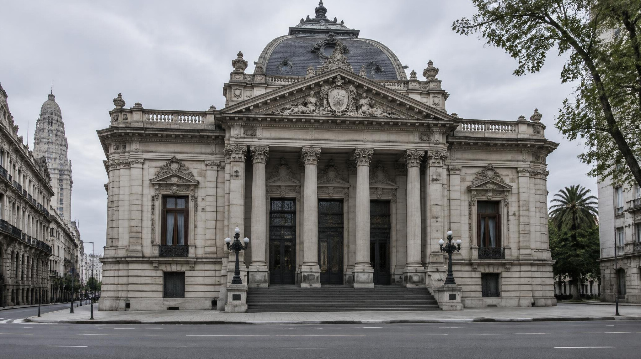 Historic neoclassical building facade in downtown Montevideo