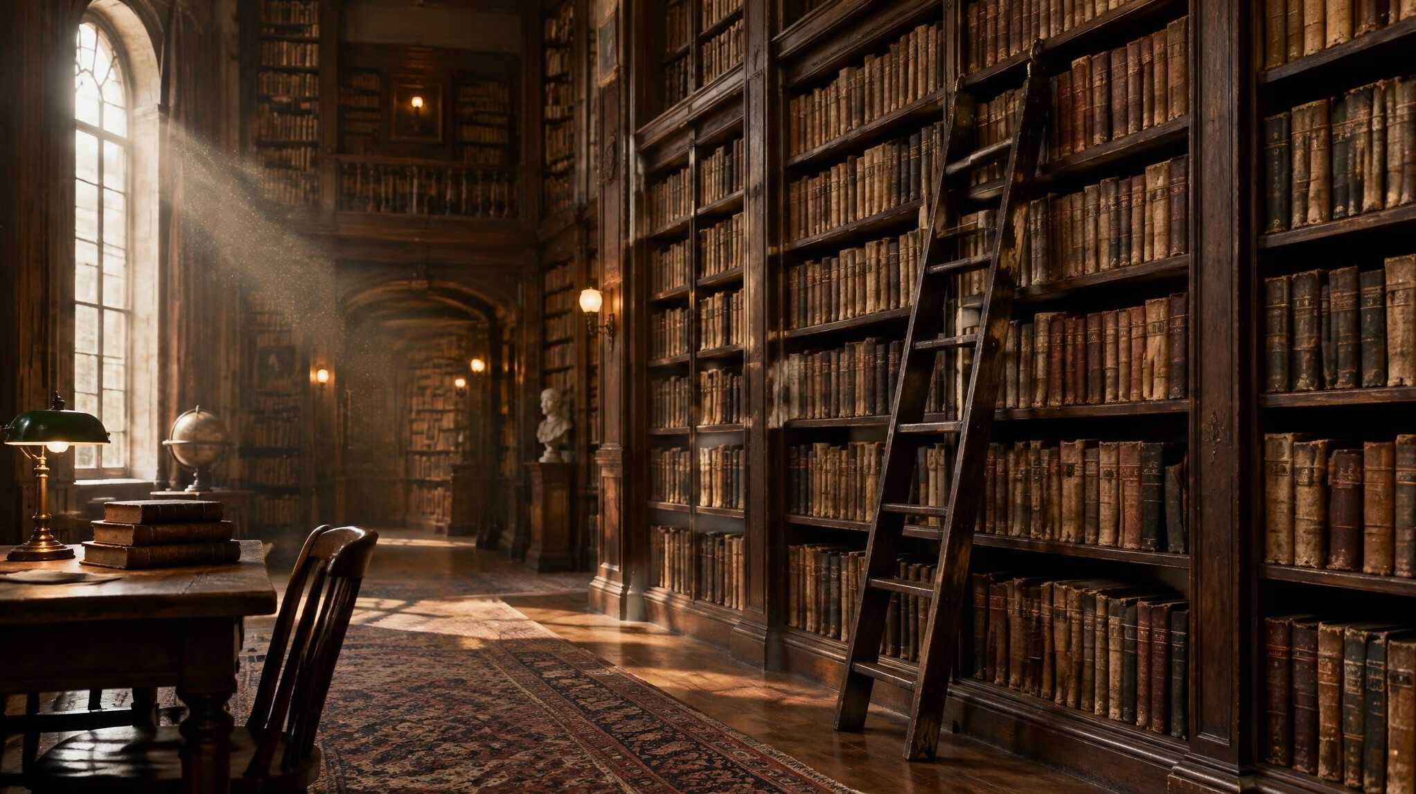 Interior of an old library with tall wooden bookshelves full of books