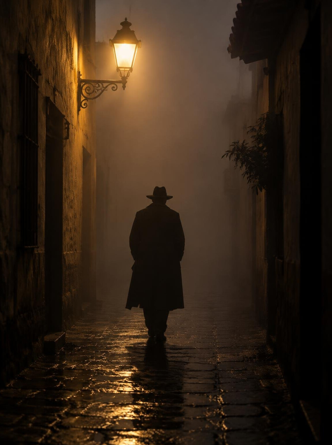 Anonymous silhouette of a person walking down a foggy alley wearing a coat and hat